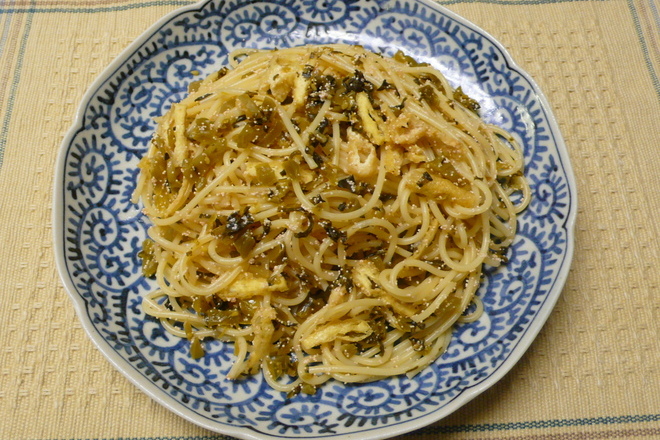 明太子と高菜漬けの和風スパゲッティ